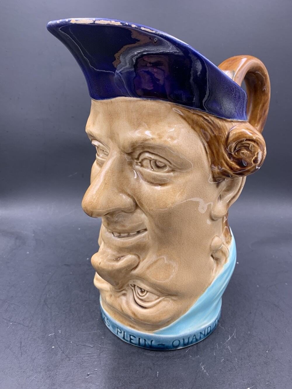 Sarrequemines Antique FRENCH MAJOLICA Double Face FIGURAL PITCHER
